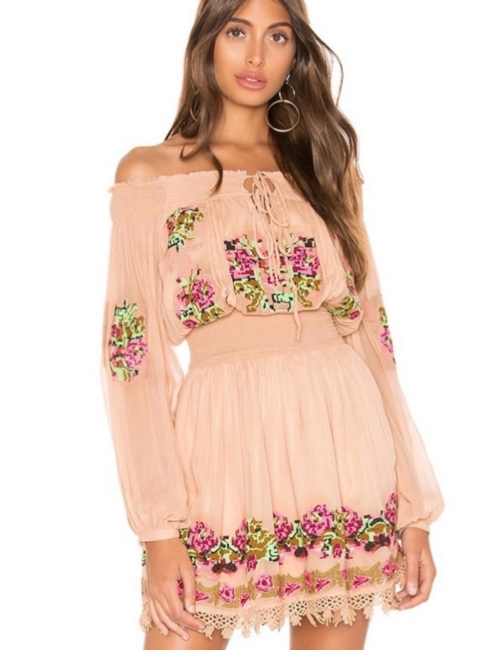Off-Shoulder Pink Embroidered Mini Dress